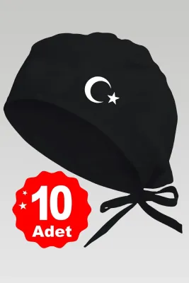 10lu Beyaz Ay Yıldız Basklılı Siyah Özel Tasarım Aşçı Ve Şef Bonesi