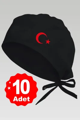 10lu Kırmızı Ay Yıldız Basklılı Siyah Özel Tasarım Bonesi