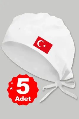 5li Türk Bayrağı Basklılı Beyaz Özel Tasarım Aşçı Ve Şef Bonesi