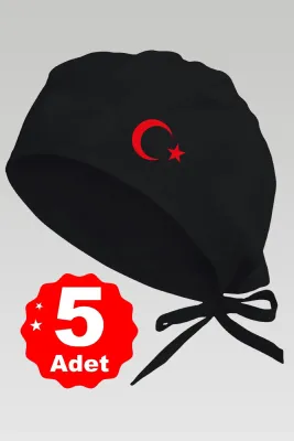 5li Kırmızı Ay Yıldız Basklılı Siyah Özel Tasarım Aşçı Ve Şef Bonesi