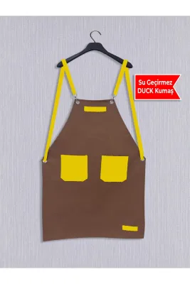 Cepli Şef Garson Aşçı Barista Önlük Mutfak Önlüğü Kahve-Sarı Tokalı