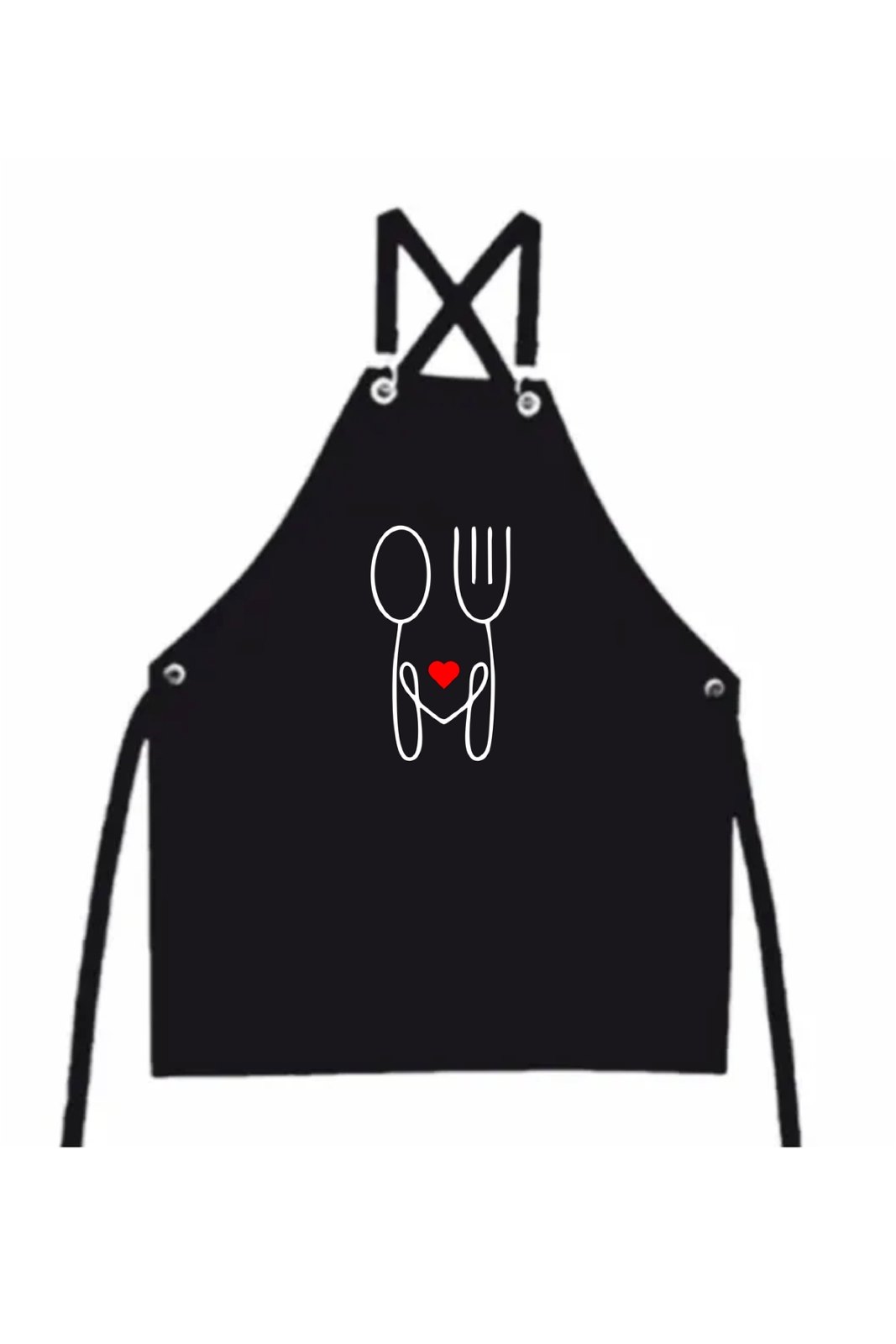 Siyah Kombin Masterchef Önlük ,Çatal Kaşık Kalpli Baskılı Önlük