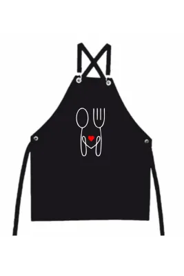 Siyah Kombin Masterchef Önlük ,Çatal Kaşık Kalpli Baskılı Önlük
