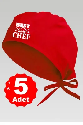 5li Mr. Chef Logo Basklılı Kırmızı Özel Tasarım Aşçı Ve Şef Bonesi