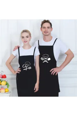 Siyah Chef Baskılı Duck Kumaş Masterchef Mutfak Önlüğü-şef Baskılı Önlük