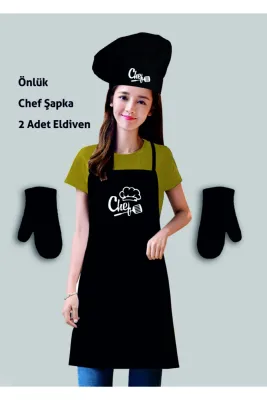 Siyah Mutfak Önlüğü Seti ( Önlük+chef Şapka+2 Adet Eldiven )