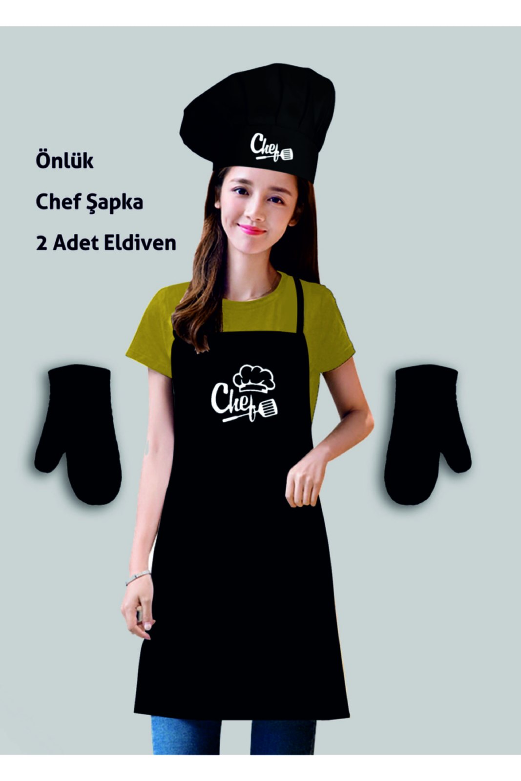 Siyah Mutfak Önlüğü Seti ( Önlük+chef Şapka+2 Adet Eldiven ) - görsel 1