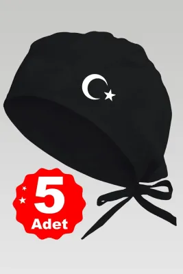 5li Beyaz Ay Yıldız Basklılı Siyah Özel Tasarım Aşçı Ve Şef Bonesi