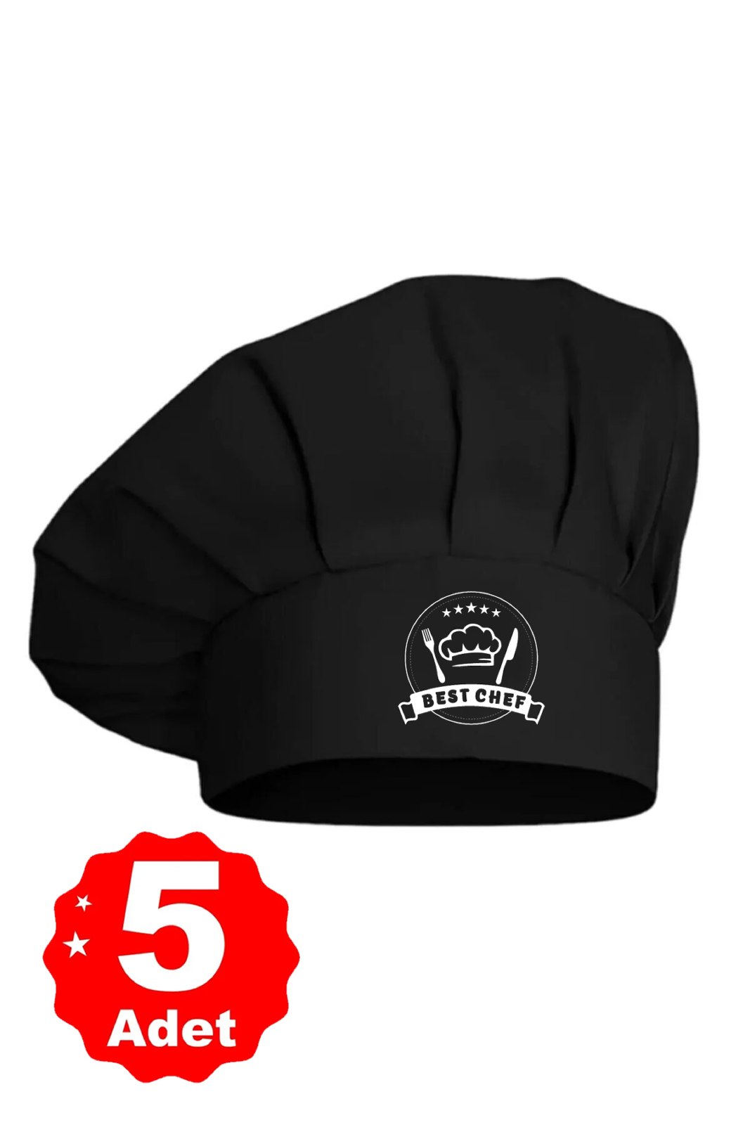 5li Siyah Üzeri Beyaz Best Chef Logo Baskılı Şef Aşçı Şapkası Mantar Kep - görsel 1
