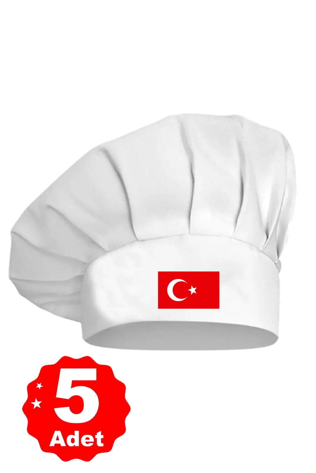 5li Beyaz Üzeri Türk Bayrağı Baskılı Şef Aşçı Şapkası Mantar Kep - görsel 1