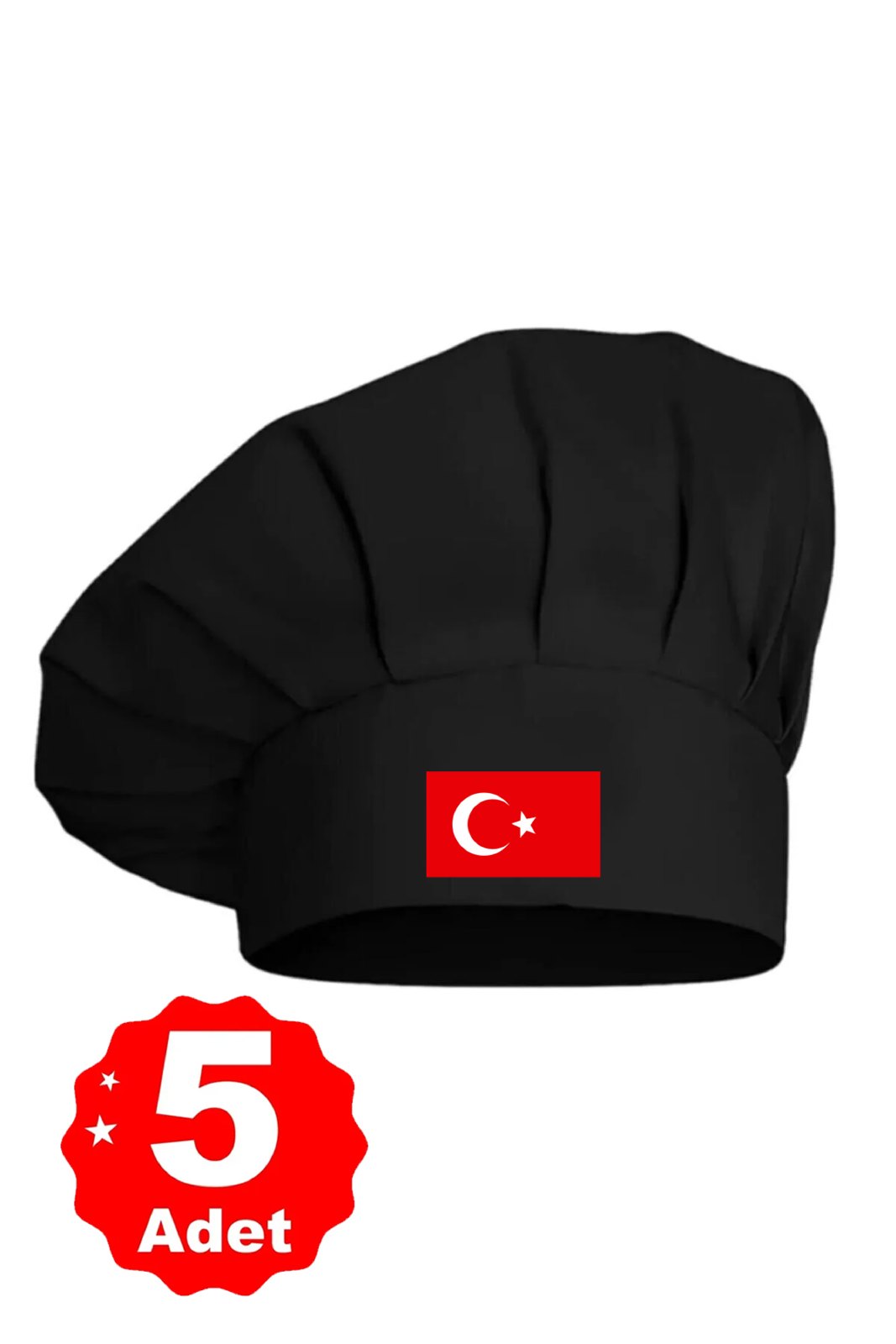 5li Siyah Üzeri Türk Bayrağı Baskılı Şef Aşçı Şapkası Mantar Kep - görsel 1