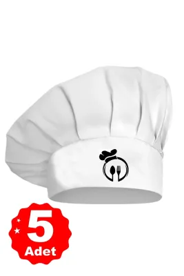 5li Beyaz Üzeri Siyah Çatal Kaşık Logo Baskılı Şef Aşçı Şapkası Mantar Kep