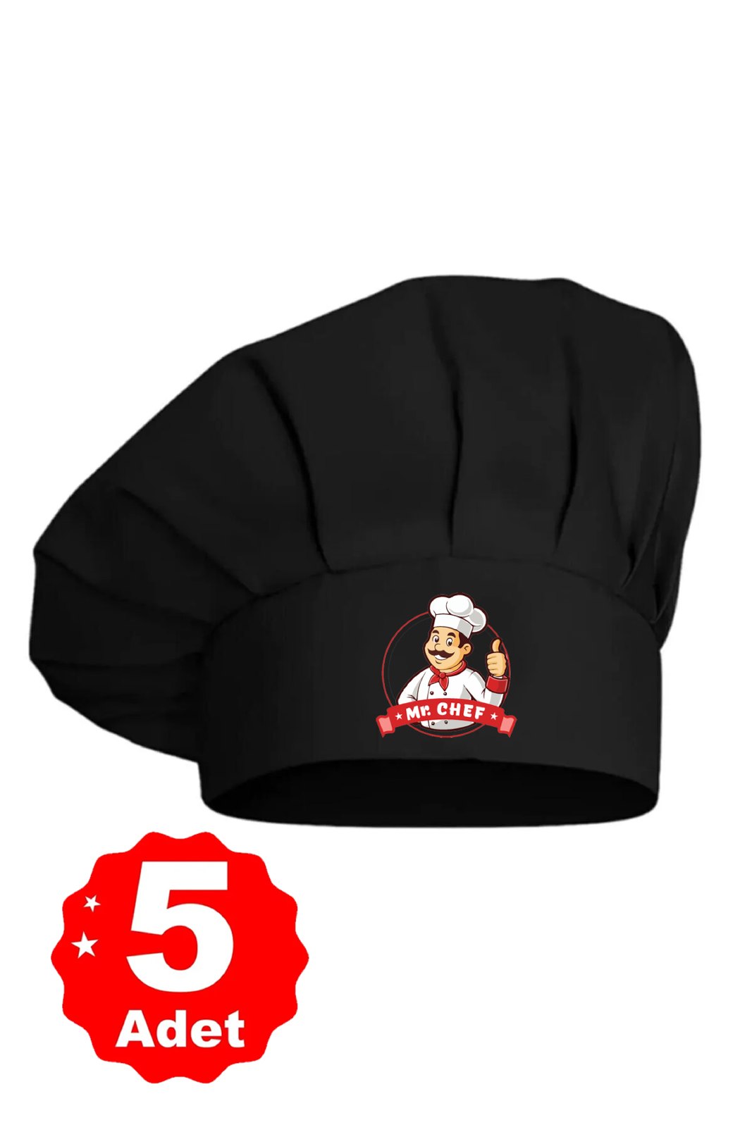 5li Siyah Üzeri Mr. Chef Logo Baskılı Şef Aşçı Şapkası Mantar Kep - görsel 1