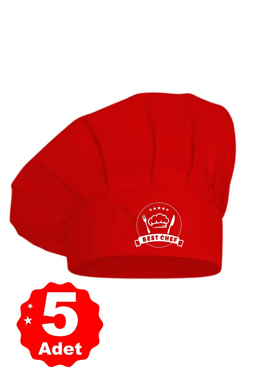 5li Kırmızı Üzeri Beyaz Best Chef Logo Baskılı Şef Aşçı Şapkası Mantar Kep - görsel 1