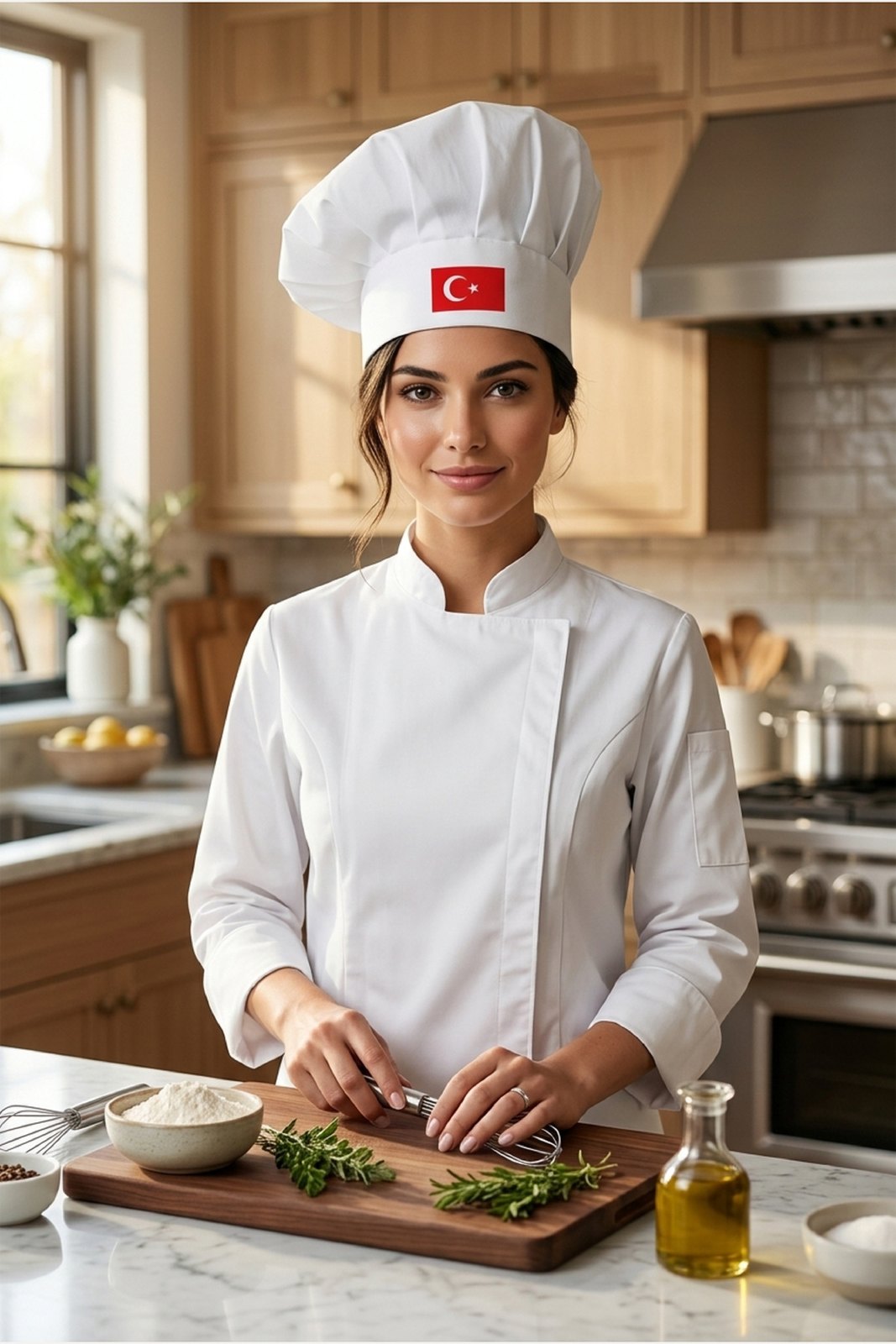 Türk Bayrağı Baskılı Beyaz Şef Aşçı Şapkası, Mantar Kep - görsel 1