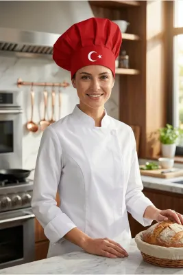 Kırmızı Üzeri Beyaz Çatal Kaşık Logo Baskılı Şef Aşçı Şapkası, Mantar Kep