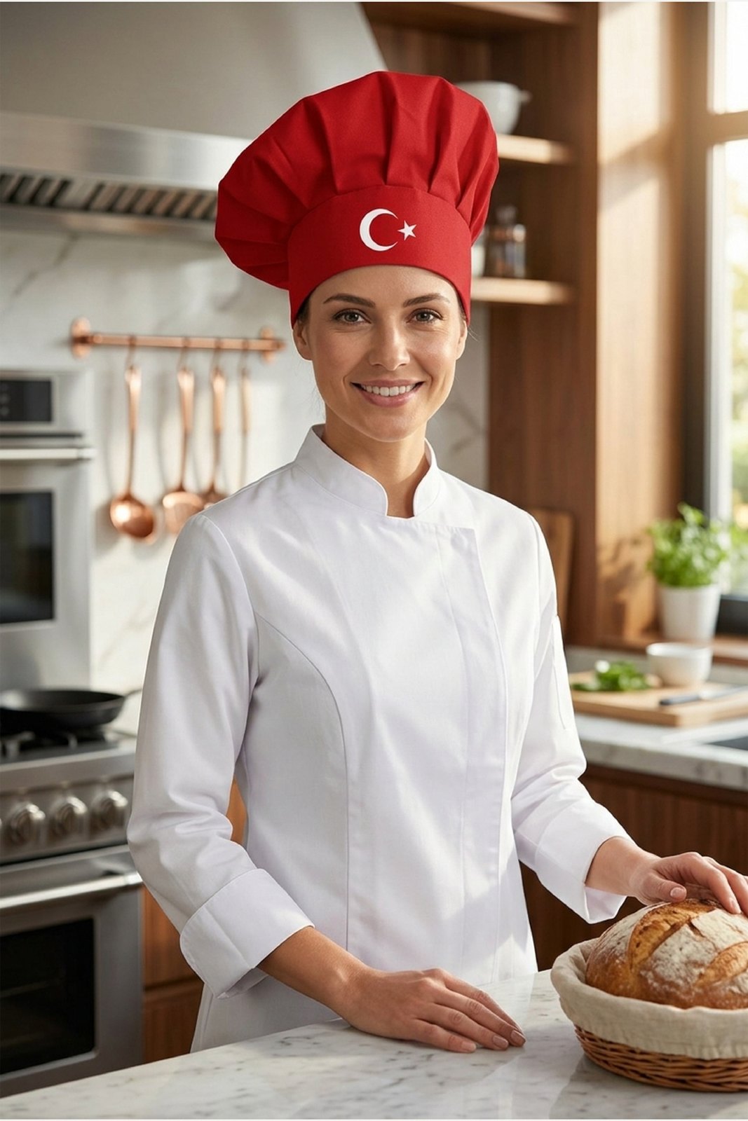 Kırmızı Üzeri Beyaz Çatal Kaşık Logo Baskılı Şef Aşçı Şapkası, Mantar Kep - görsel 1