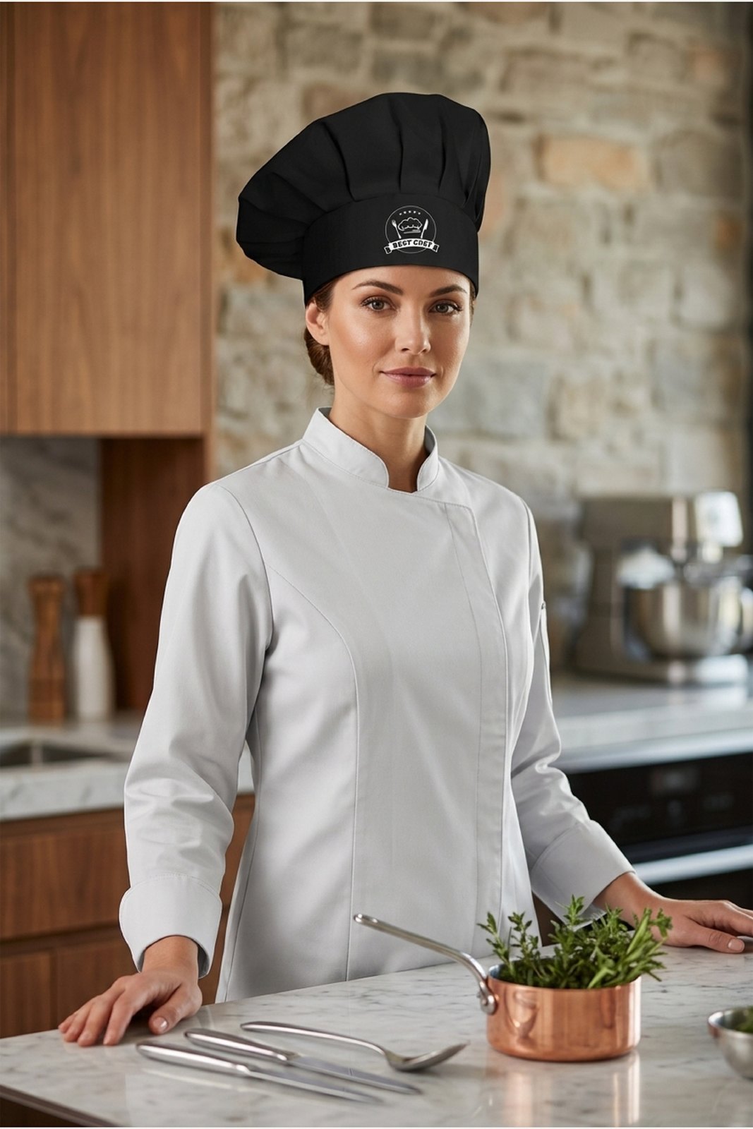 Siyah Best Chef Logo Baskılı Şef Aşçı Şapkası, Mantar Kep - görsel 1