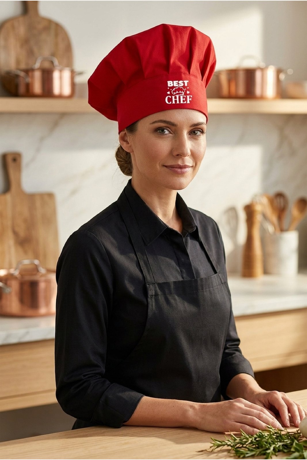 Beyaz Best Chef Baskılı Kırmızı Şef Aşçı Şapkası, Mantar Kep - görsel 1