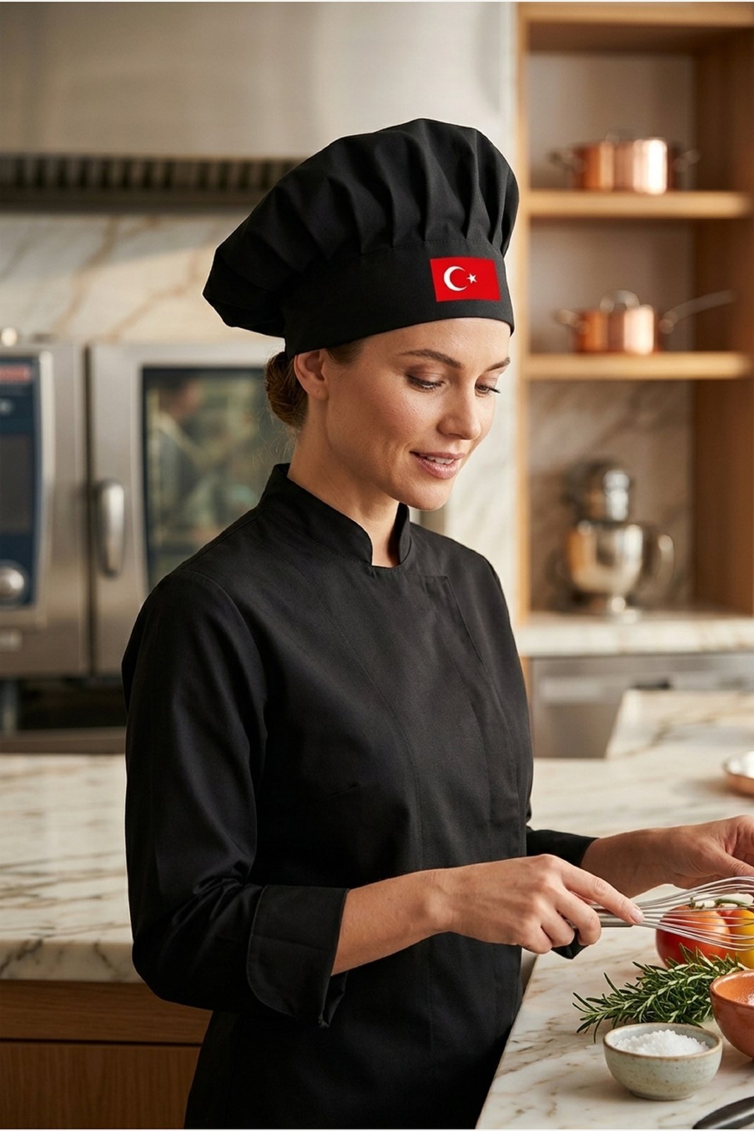 Siyah Türk Bayrağı Baskılı Şef Aşçı Şapkası, Mantar Kep - görsel 1