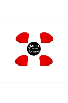 4lü Kırmızı Chef Baskılı Ayarlanabilir Aşçı Şapkası- Chef Baskılı Şapka