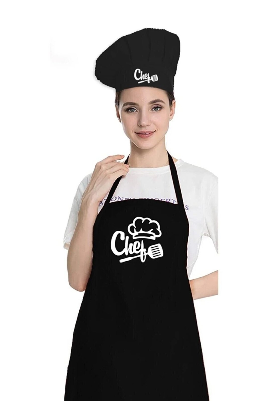 Siyah Chef Aşçı Şapkalı Mutfak Önlüğü - görsel 1