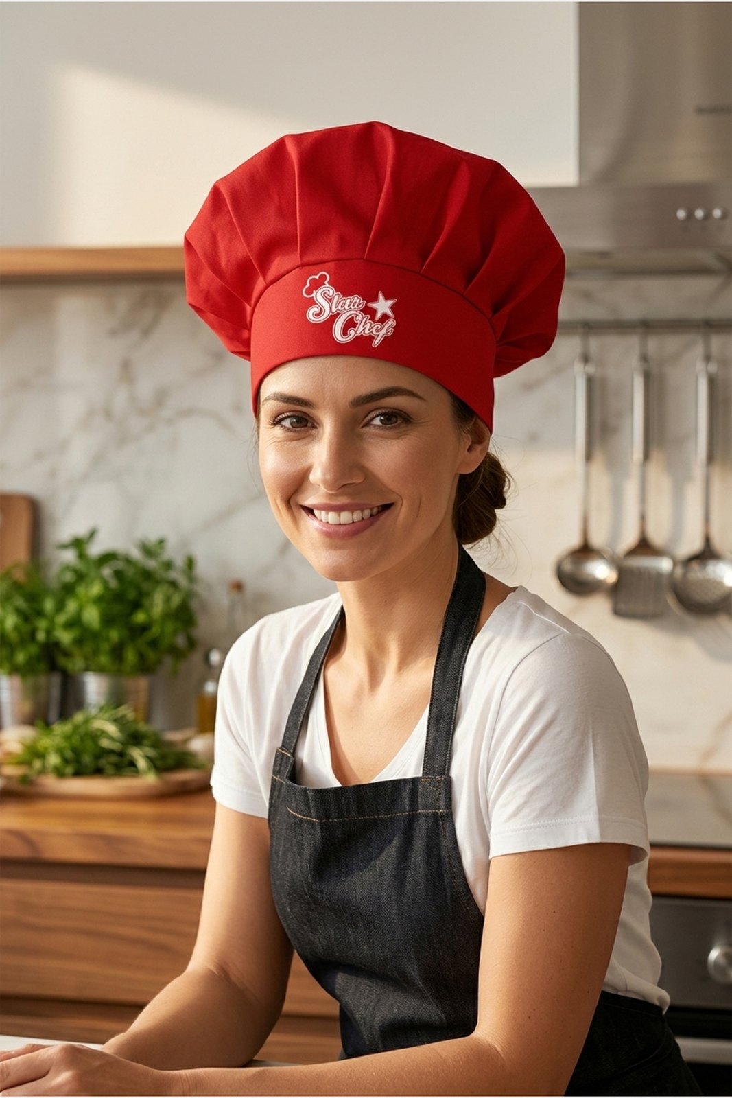 Şef Aşçı Şapkası, Mantar Kep Kırmızı Star Chef Baskılı - görsel 1