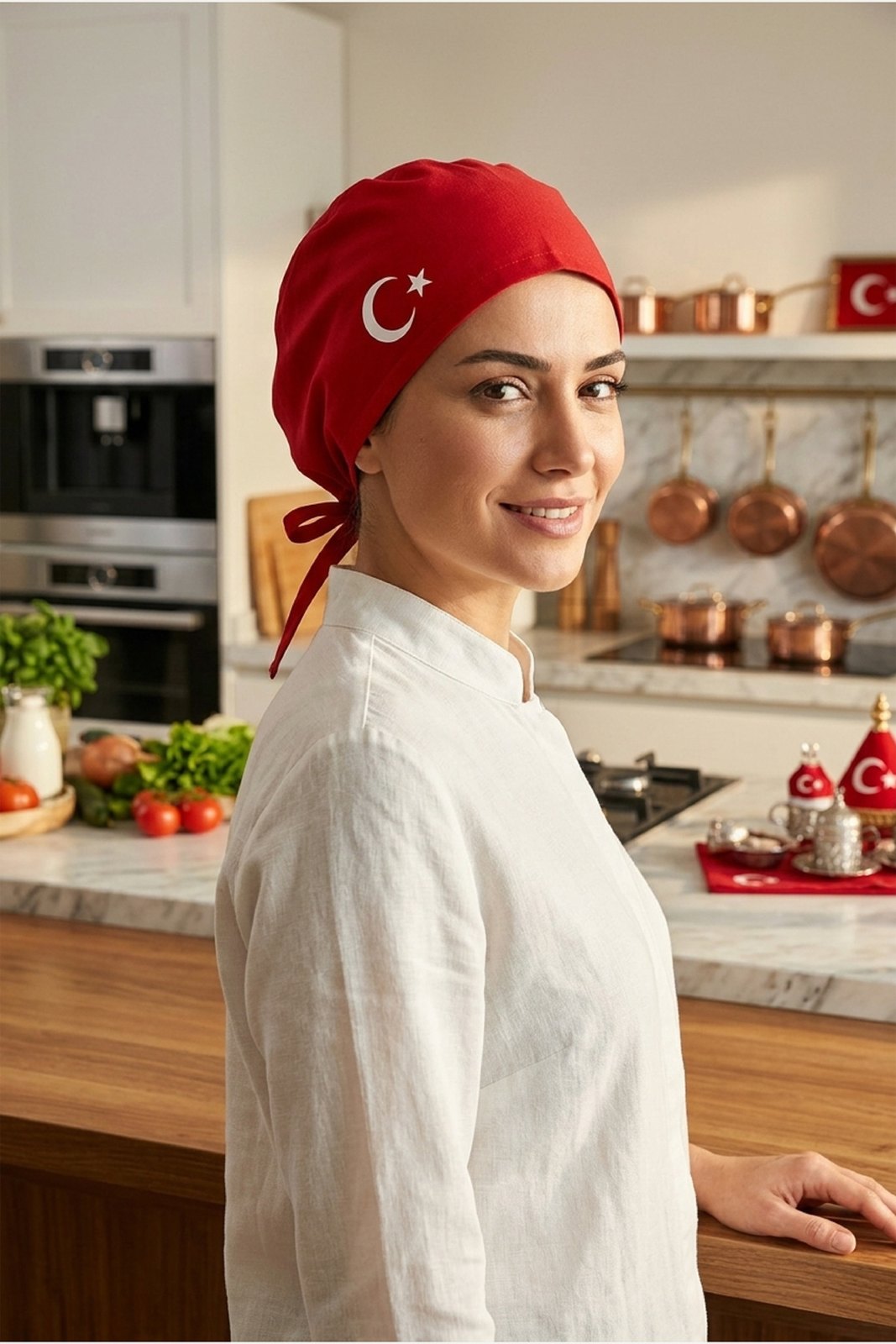 Beyaz Ay Yıldızlı Kırmızı Chef Bonesi | Özel Tasarım Aşçı Ve Şef Bonesi - görsel 1