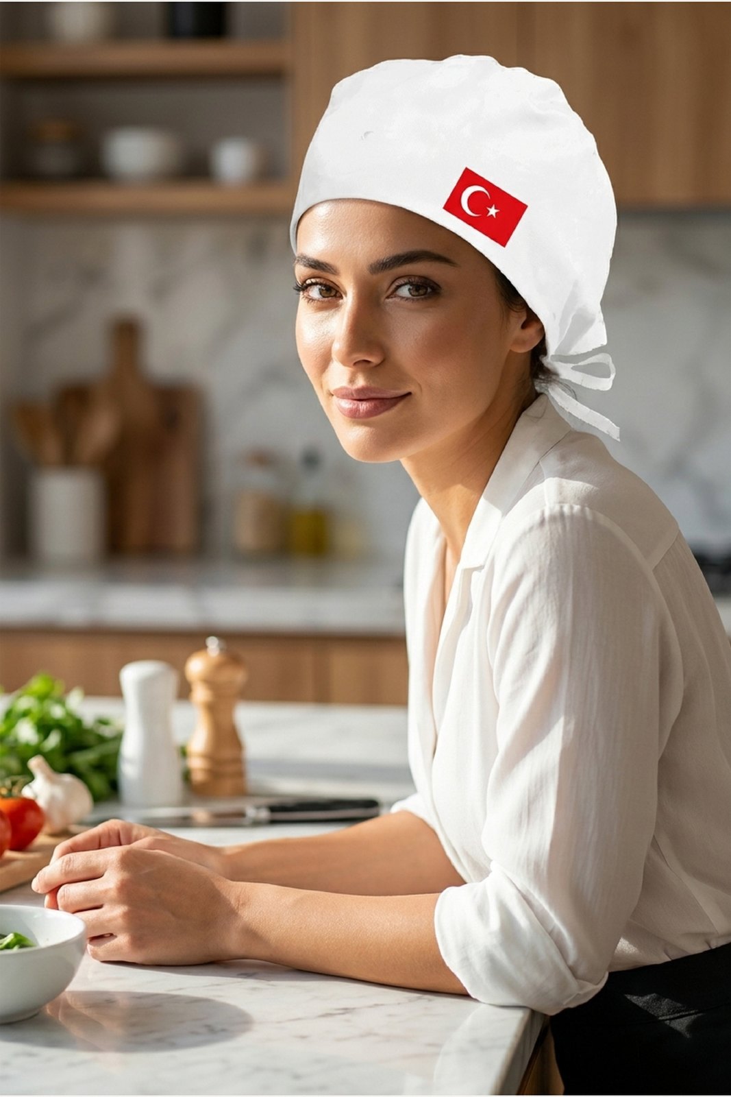 Türk Bayraklı Beyaz Chef Bonesi | Özel Tasarım Aşçı Ve Şef Bonesi - görsel 1